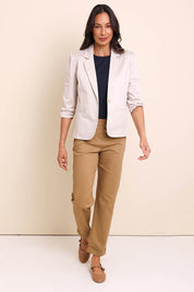 Model Amandam wearing size 10 of the The Everyday Blazer - Stone in colour Stone, from the front