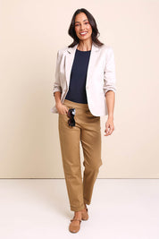 Model Amandam wearing size 10 of the The Everyday Blazer - Stone in colour Stone, from the front