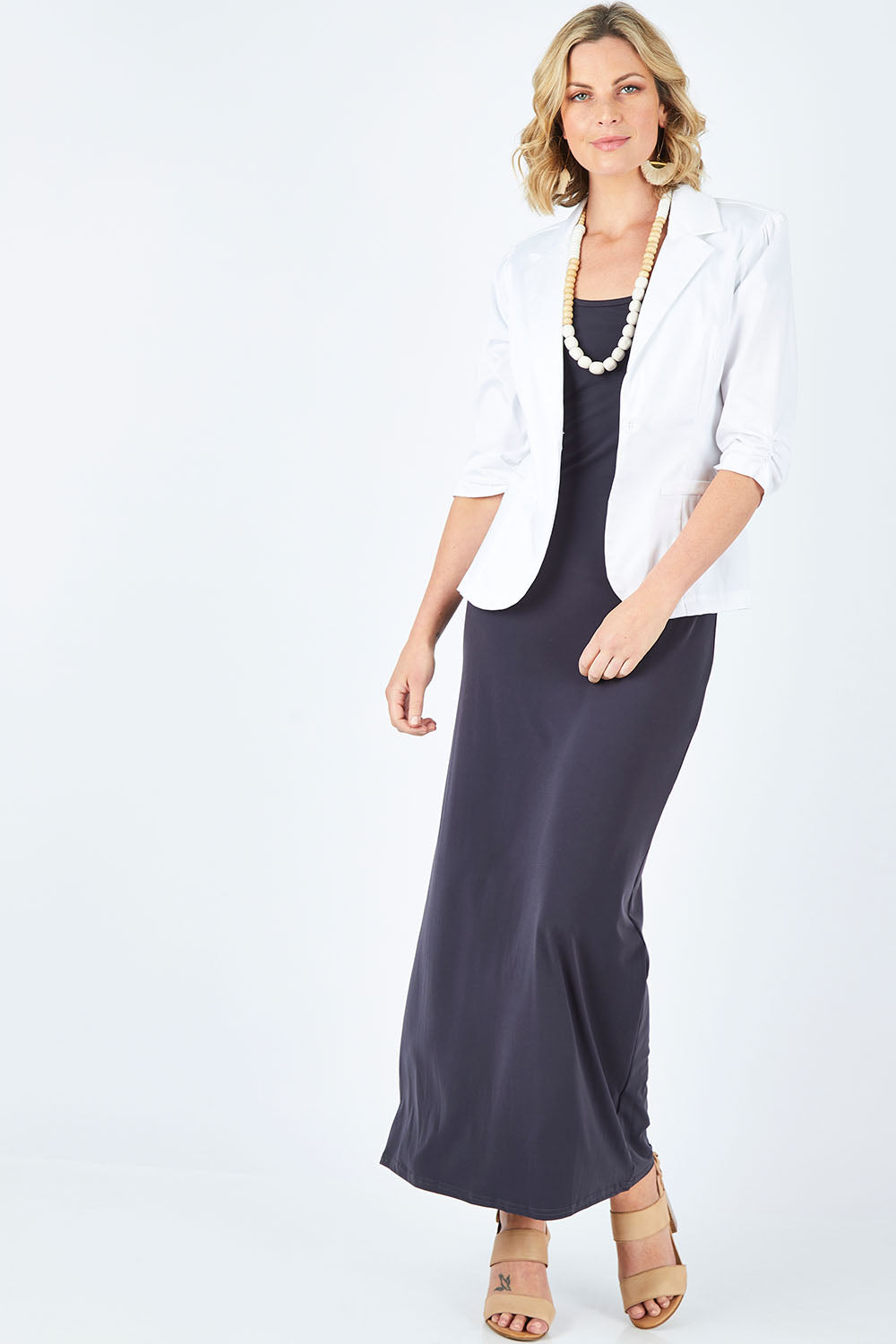 Model Chelsea wearing size 10 of The Everyday Blazer in colour White (White), from the front, showing the whole outfit