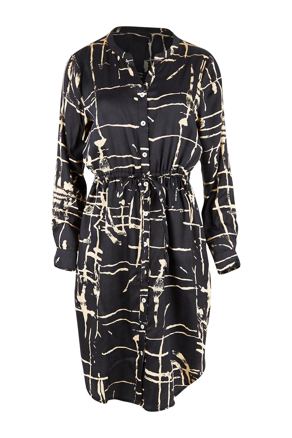 Product shot of The Luxe Viscose Drawstring Dress in colour Sketch (Black), from the front