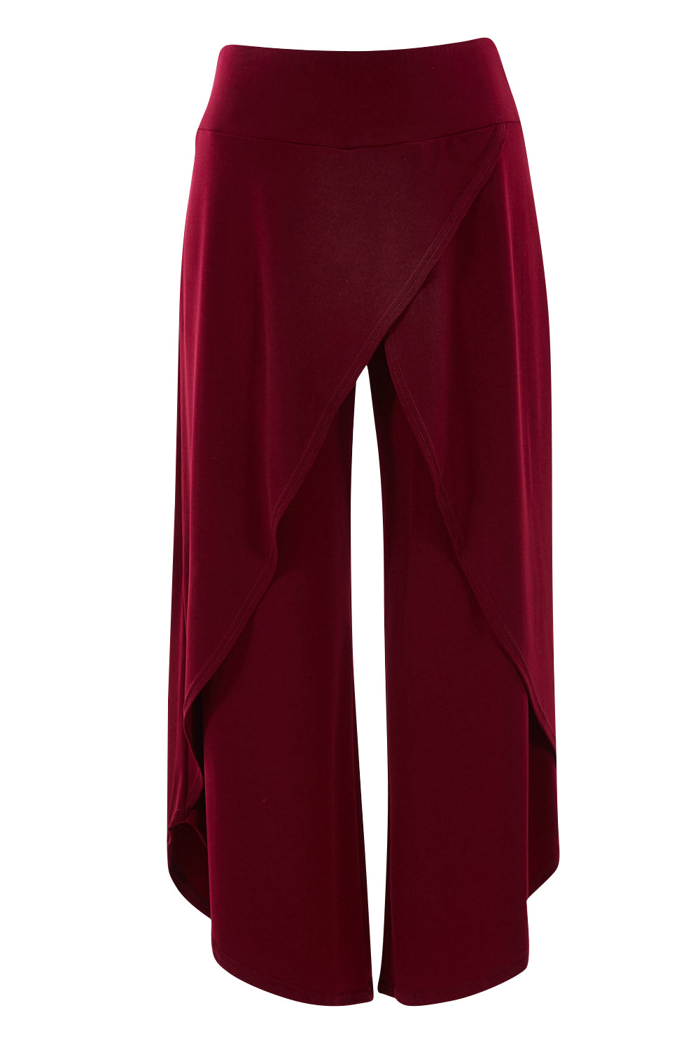 Product shot of The Cross Over Pant in colour Port (Purple), from the front