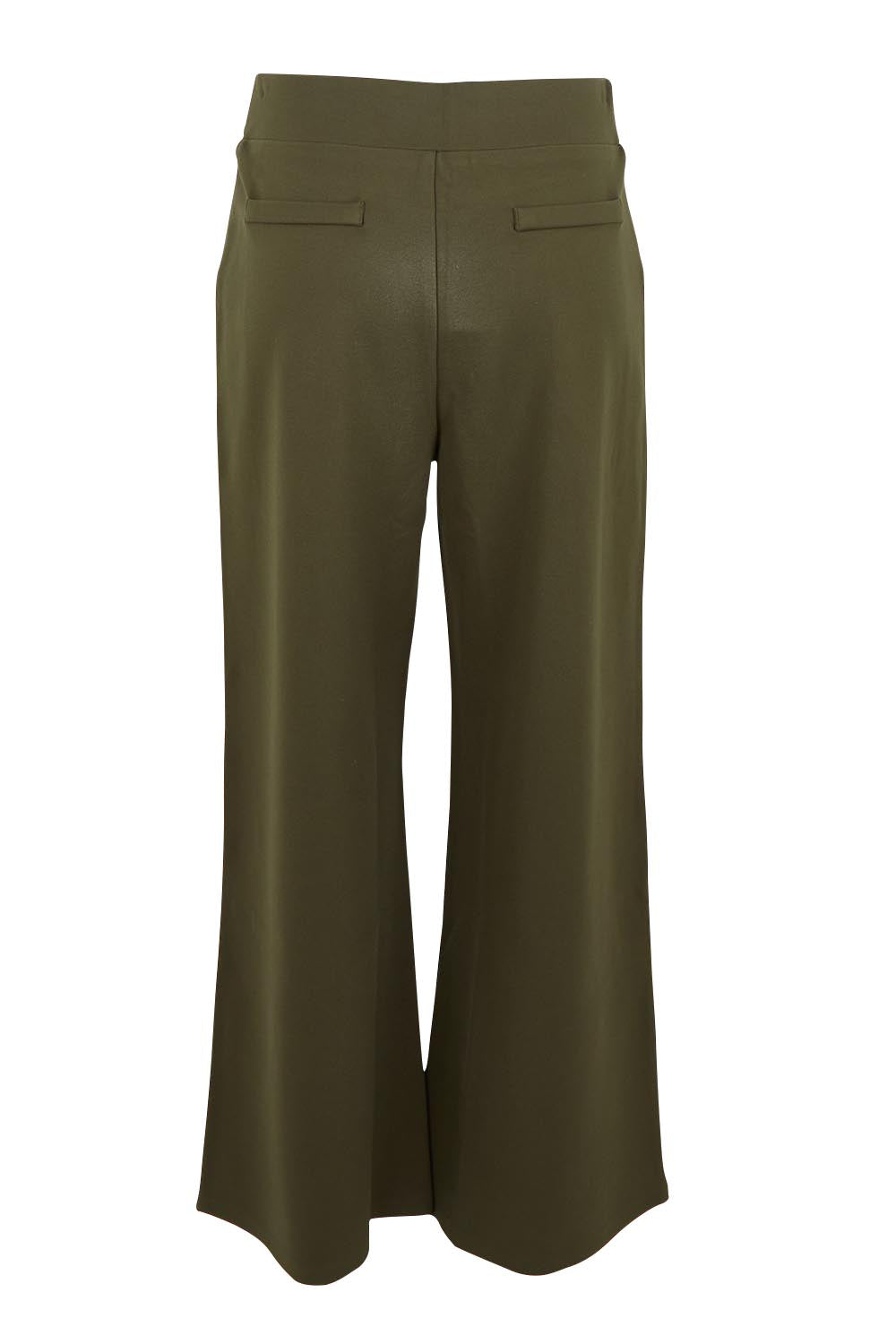 Product shot of The Wide Leg Ponte Pant in colour Khakigreen (Green), from the back