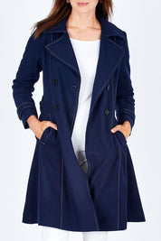 Model Rebecca wearing size 10 of The Divine Wool Blend Coat in colour Navy (Blue), from the front, cropped image