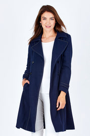 Model Rebecca wearing size 10 of The Divine Wool Blend Coat in colour Navy (Blue), from the front, cropped image
