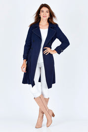 Model Rebecca wearing size 10 of The Divine Wool Blend Coat in colour Navy (Blue), from the front, showing the whole outfit