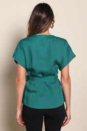Model Madelinec wearing size 10 of the The Linen Tencel Kimono Top - Emerald in colour Emerald, from the back