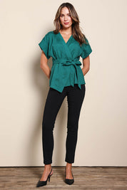 Model Madelinec wearing size 10 of the The Linen Tencel Kimono Top - Emerald in colour Emerald, from the front