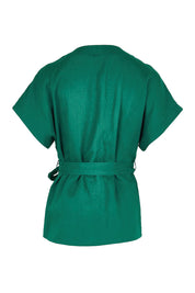 Product shot of the The Linen Tencel Kimono Top - Emerald in colour Emerald, from the back