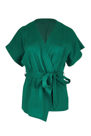 Product shot of the The Linen Tencel Kimono Top - Emerald in colour Emerald, from the front