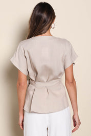 Model Madelinec wearing size 10 of the The Linen Tencel Kimono Top - Oatmeal in colour Oatmeal, from the back