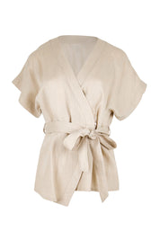 Product shot of the The Linen Tencel Kimono Top - Oatmeal in colour Oatmeal, from the front
