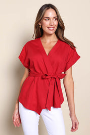 Model Madelinec wearing size 10 of the The Linen Tencel Kimono Top - Tomato in colour Tomato, in a cropped view