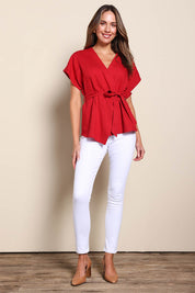 Model Madelinec wearing size 10 of the The Linen Tencel Kimono Top - Tomato in colour Tomato, from the front