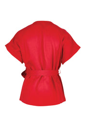 Product shot of the The Linen Tencel Kimono Top - Tomato in colour Tomato, from the back