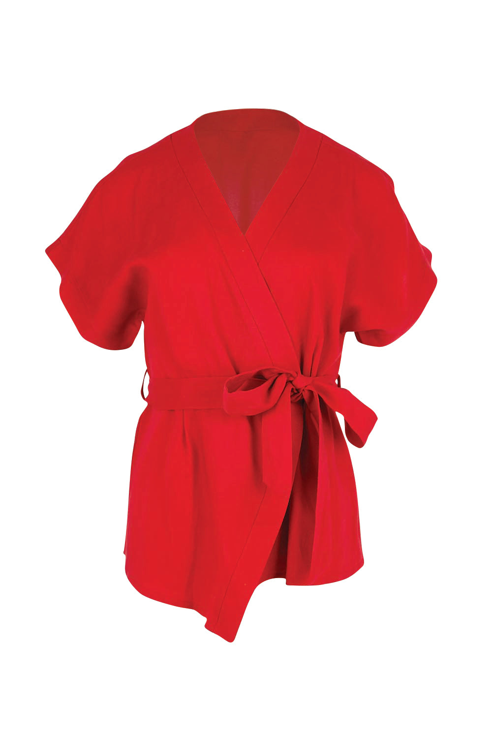 Product shot of the The Linen Tencel Kimono Top - Tomato in colour Tomato, from the front