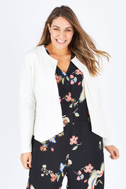 Model Natalia wearing size 14 of The Define Ponte Jacket in colour Ivory (White), from the front, cropped image