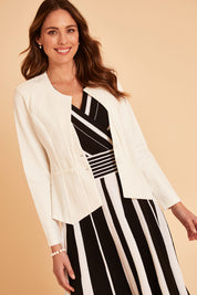 Model Madeline wearing size 10 of The Define Ponte Jacket in colour Pearl (White), from the front, cropped image