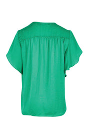 Product shot of the The Shirred Detail Top - Green in colour Green, from the back