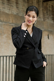 Model Miranda wearing size 10 of The Desire Jacket in colour Black (Black), from the front, showing the whole outfit
