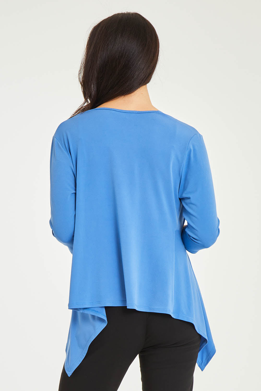 Model Stacey wearing size 10 of The Drape Cardi in colour Denimblue (Blue), from the back