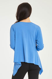 Model Stacey wearing size 10 of The Drape Cardi in colour Denimblue (Blue), from the back