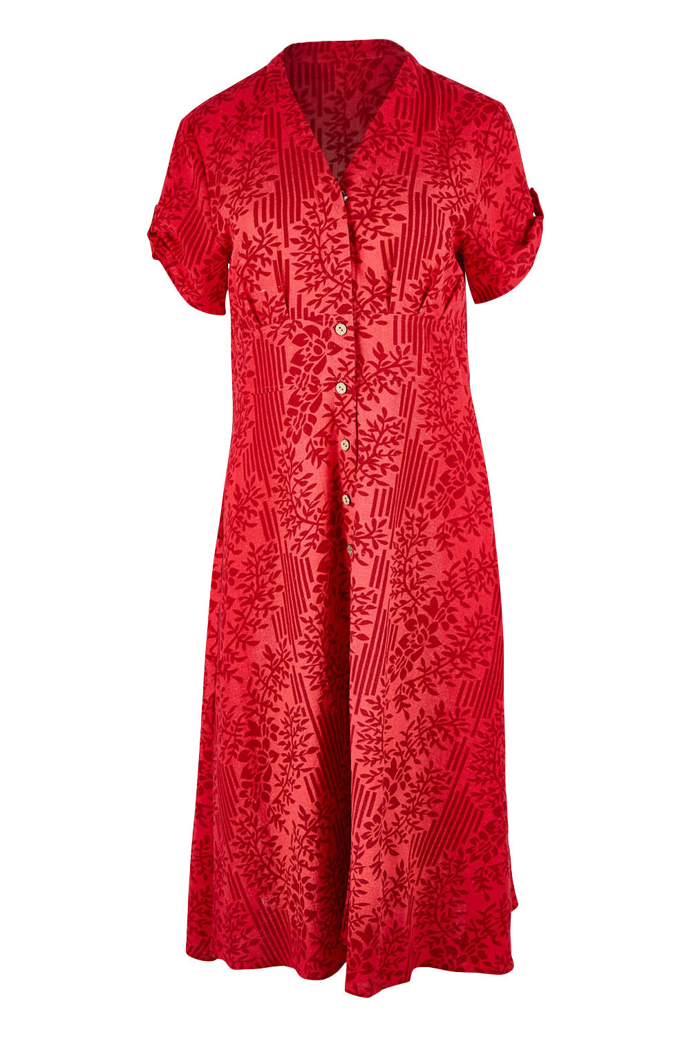 Product shot of The Printed Cotton V Neck Dress in colour Bamboo (Red), from the front