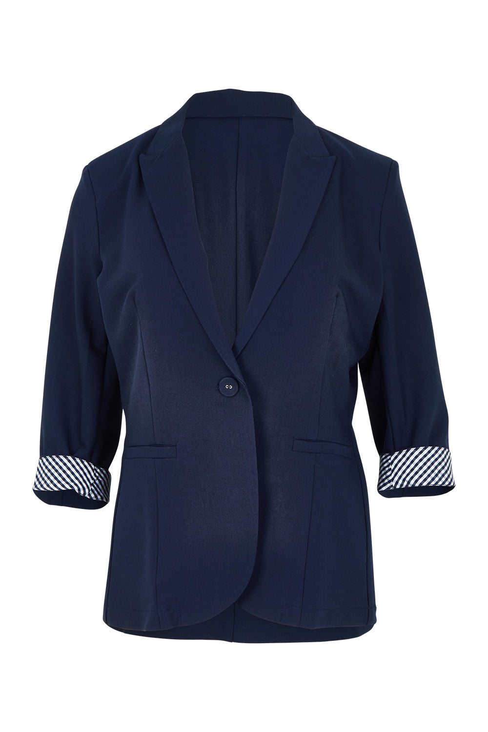 Product shot of The Contrast Inner Cuff Blazer in colour Navy (Blue), from the front