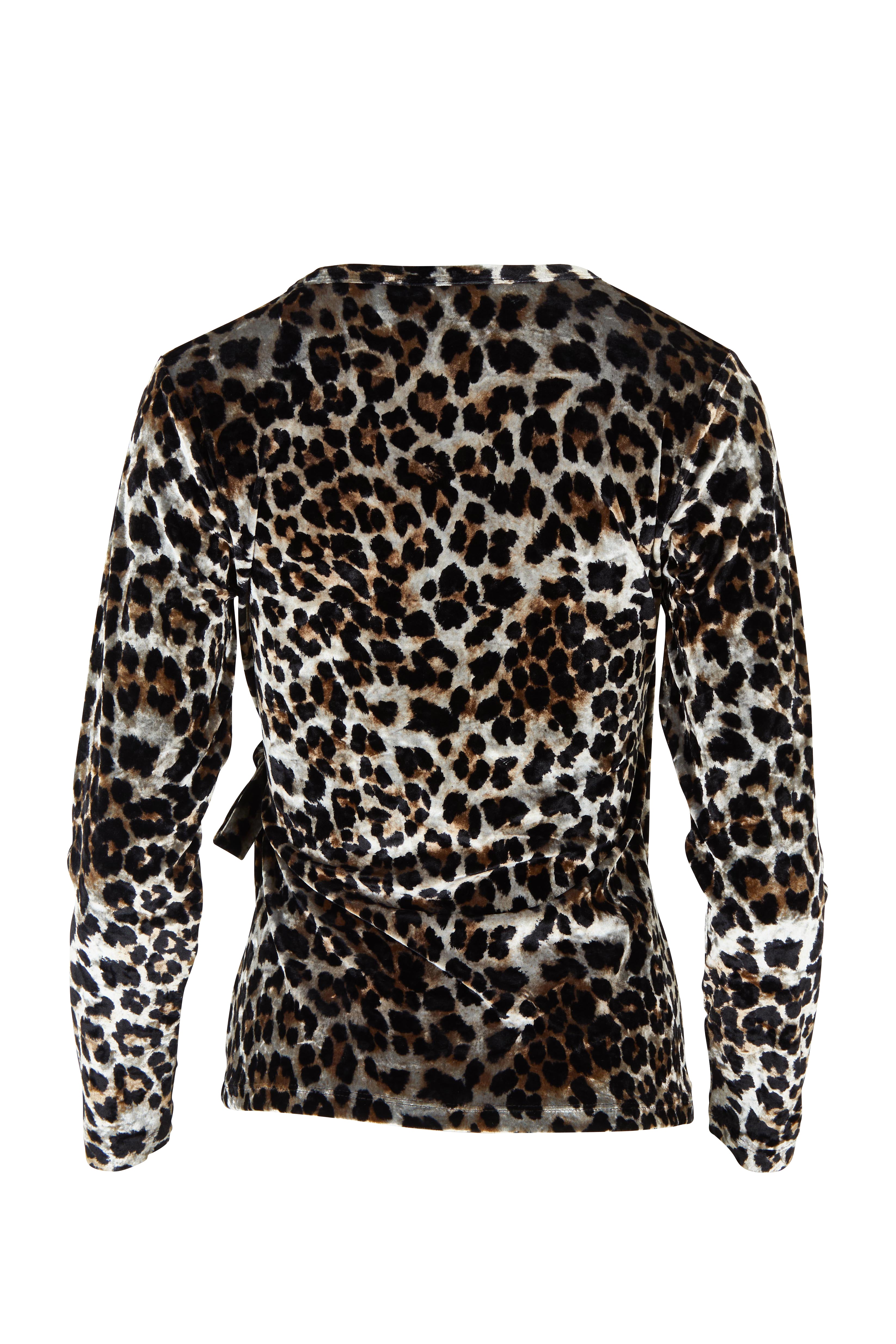 Product shot of The Printed Velvet Side Ring Detail Top in colour Leopard (Black), from the back