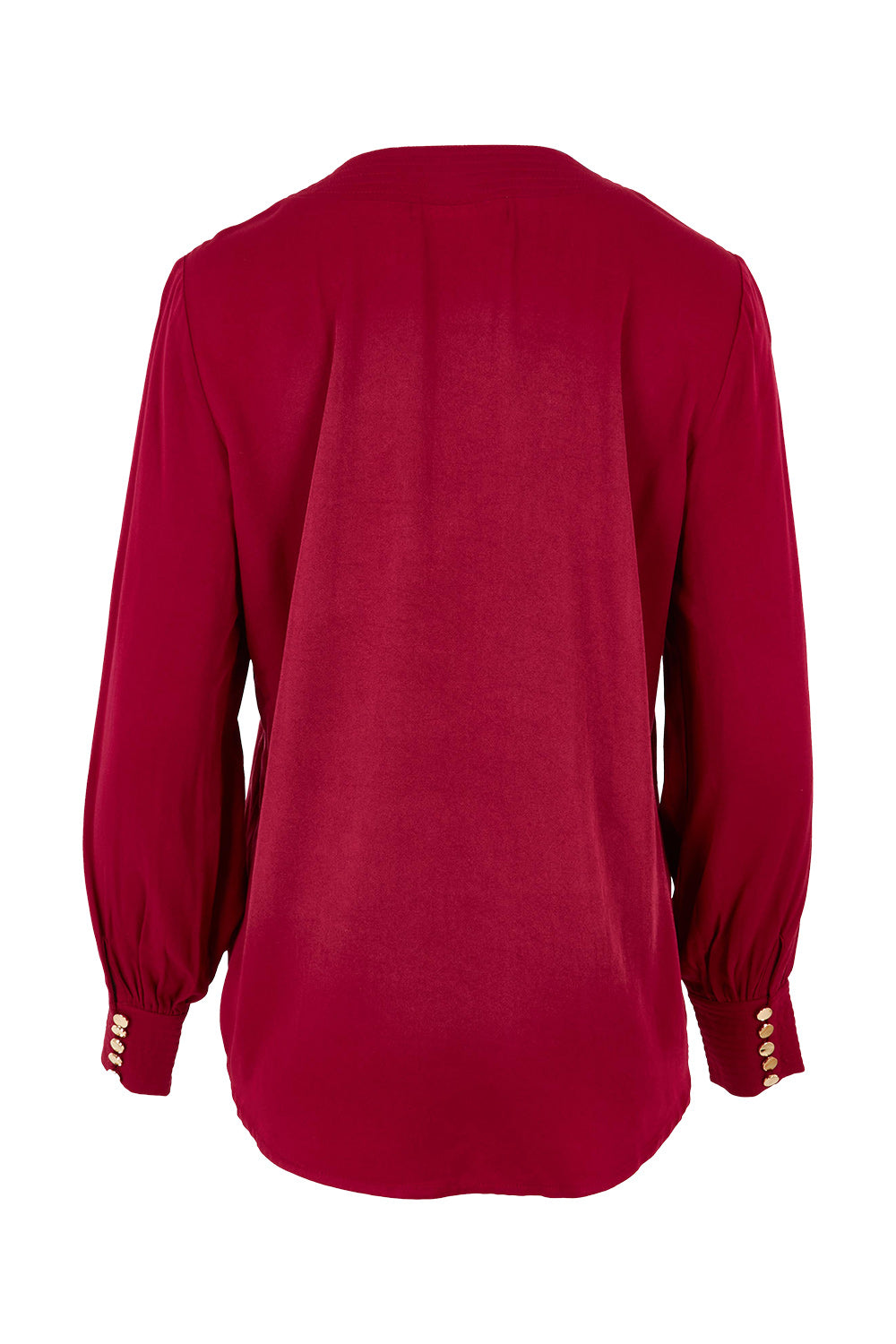 Product shot of The Button Detail Cuff Blouse in colour Garnet (Red), from the back