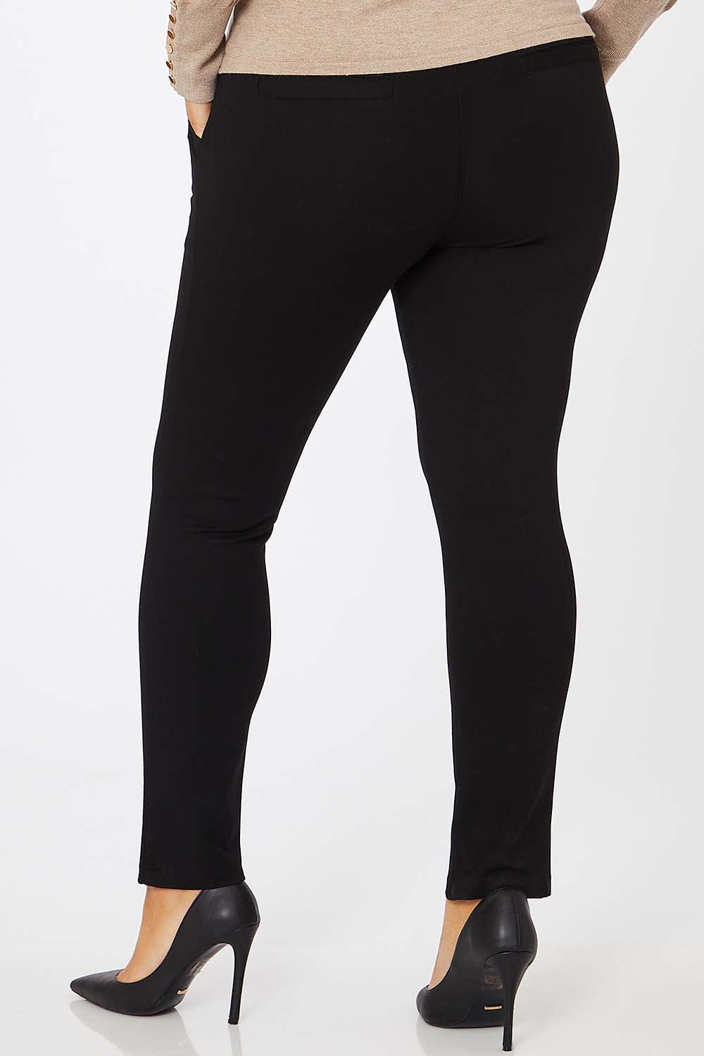 Model Jess wearing size 14 of The High Rise Pull On Ponte Pant in colour Black (Black), from the back