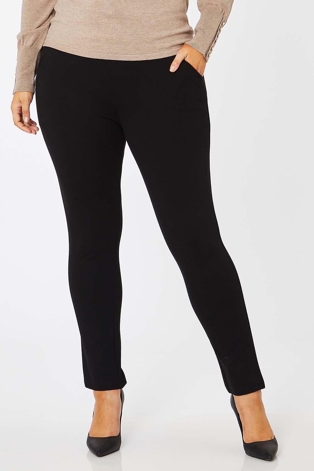 Model Jess wearing size 14 of The High Rise Pull On Ponte Pant in colour Black (Black), from the front, cropped image