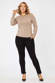 Model Jess wearing size 14 of The High Rise Pull On Ponte Pant in colour Black (Black), from the front, showing the whole outfit