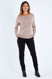 Model Kimberley wearing size 10 of The High Rise Pull On Ponte Pant in colour Black (Black), from the front, showing the whole outfit