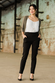 Model Miranda wearing size 10 of The High Rise Pull On Ponte Pant in colour Black (Black), from the front, showing the whole outfit