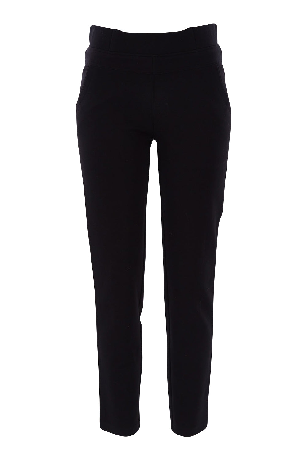 Product shot of The High Rise Pull On Ponte Pant in colour Black (Black), from the front