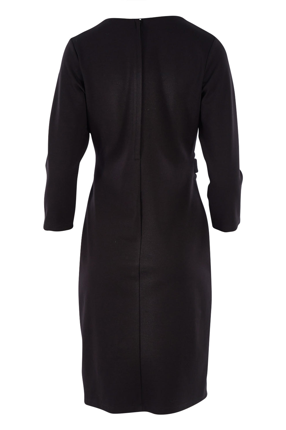 Product shot of The Long Sleeve Ponte Lapel Dress in colour Black (Black), from the back