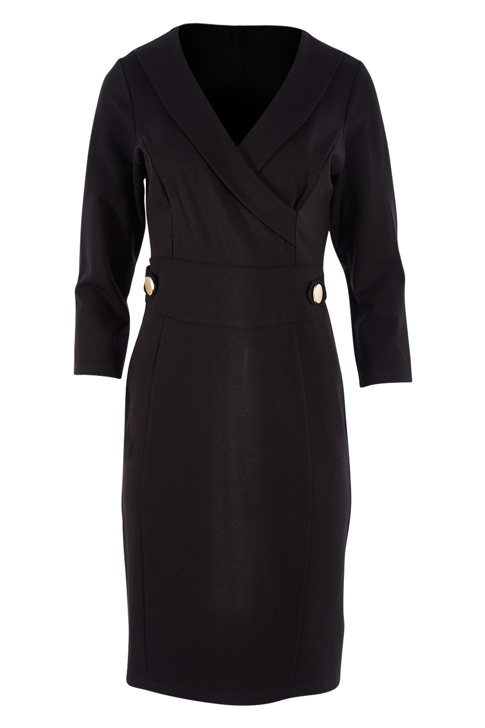 Product shot of The Long Sleeve Ponte Lapel Dress in colour Black (Black), from the front