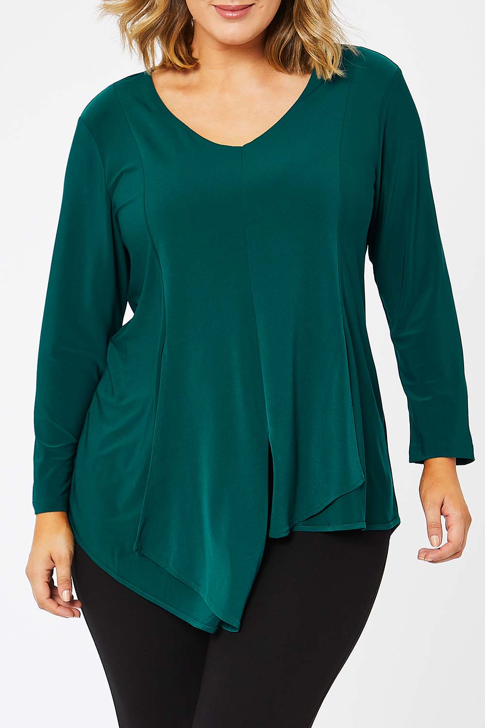 Model Jess wearing size 14 of The Fold Detail Blouse in colour Forest (Green), from the front, cropped image