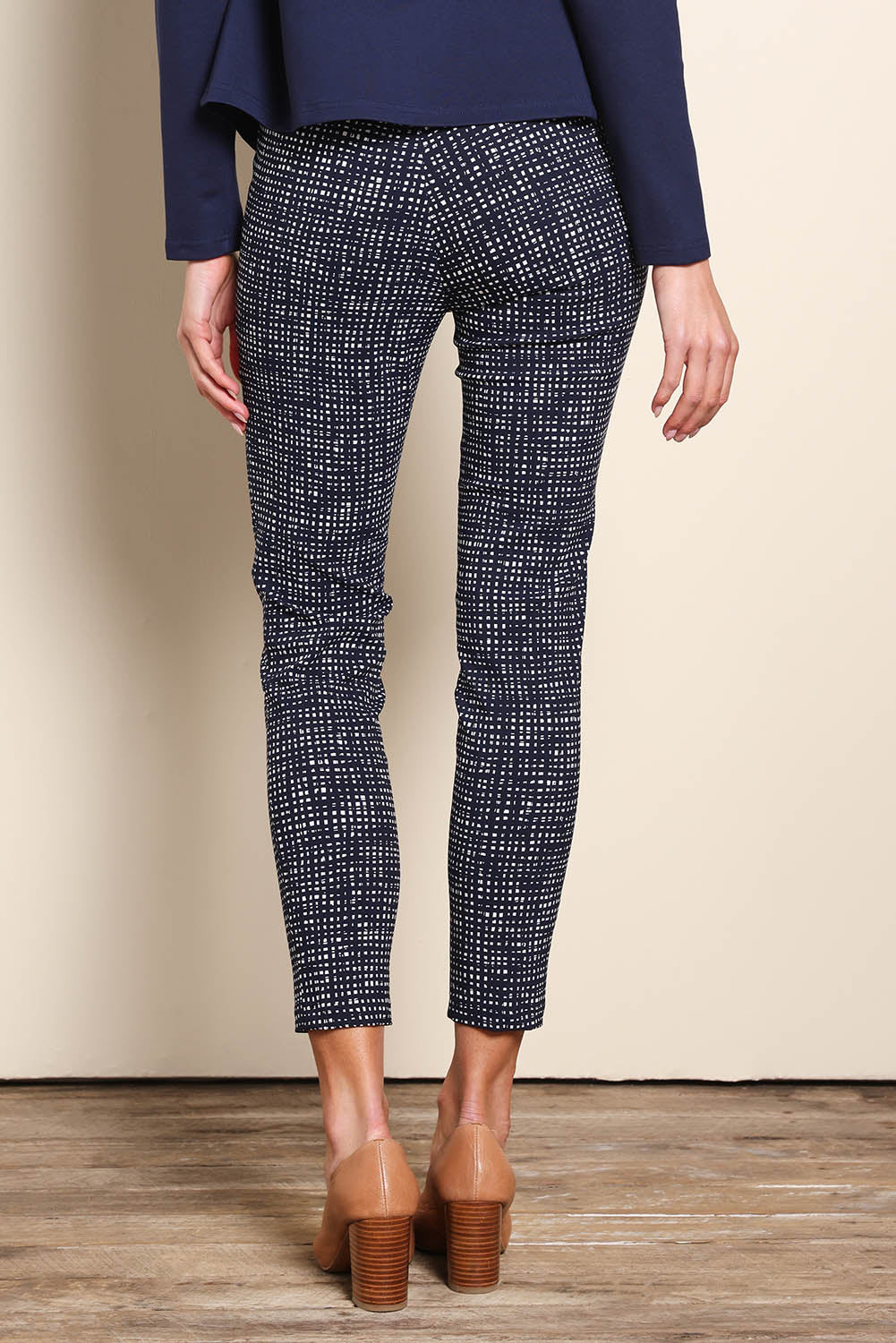 Model Madelinec wearing size 10 of the The Printed Stretch Pull On Pant – Matrix in colour Matrix, from the back