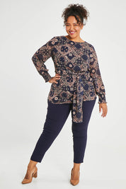 Model Alexis wearing size 16 of The Stretch Career Pull On Pant in colour Navy (Blue), from the front, showing the whole outfit