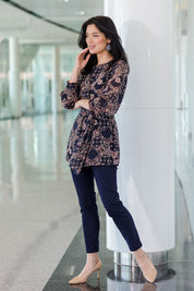 Model Miranda wearing size 10 of The Stretch Career Pull On Pant in colour Navy (Blue), from the front, showing the whole outfit