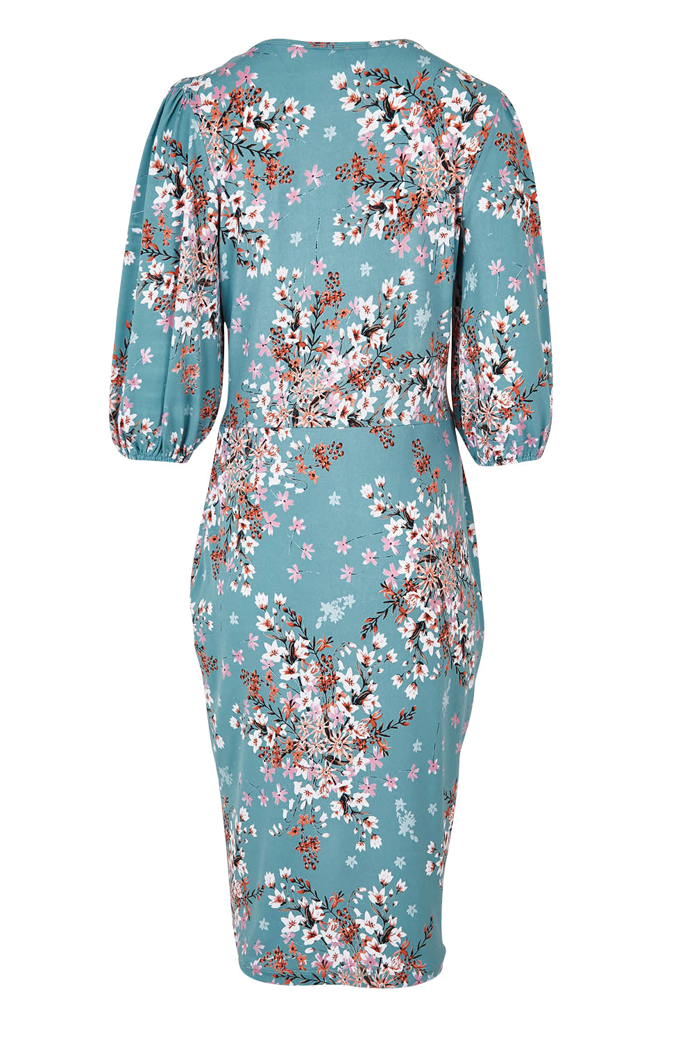 Product shot of The Printed Knot Waist Detail Dress in colour Fiori (Blue), from the back