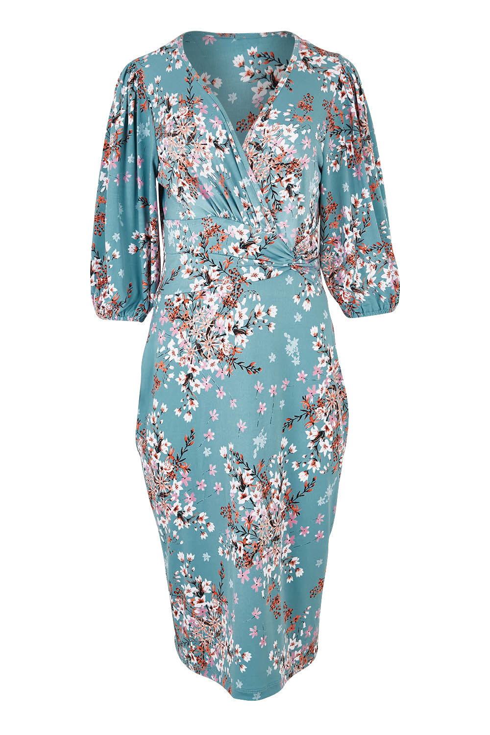 Product shot of The Printed Knot Waist Detail Dress in colour Fiori (Blue), from the front
