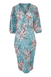 Product shot of The Printed Knot Waist Detail Dress in colour Fiori (Blue), from the front