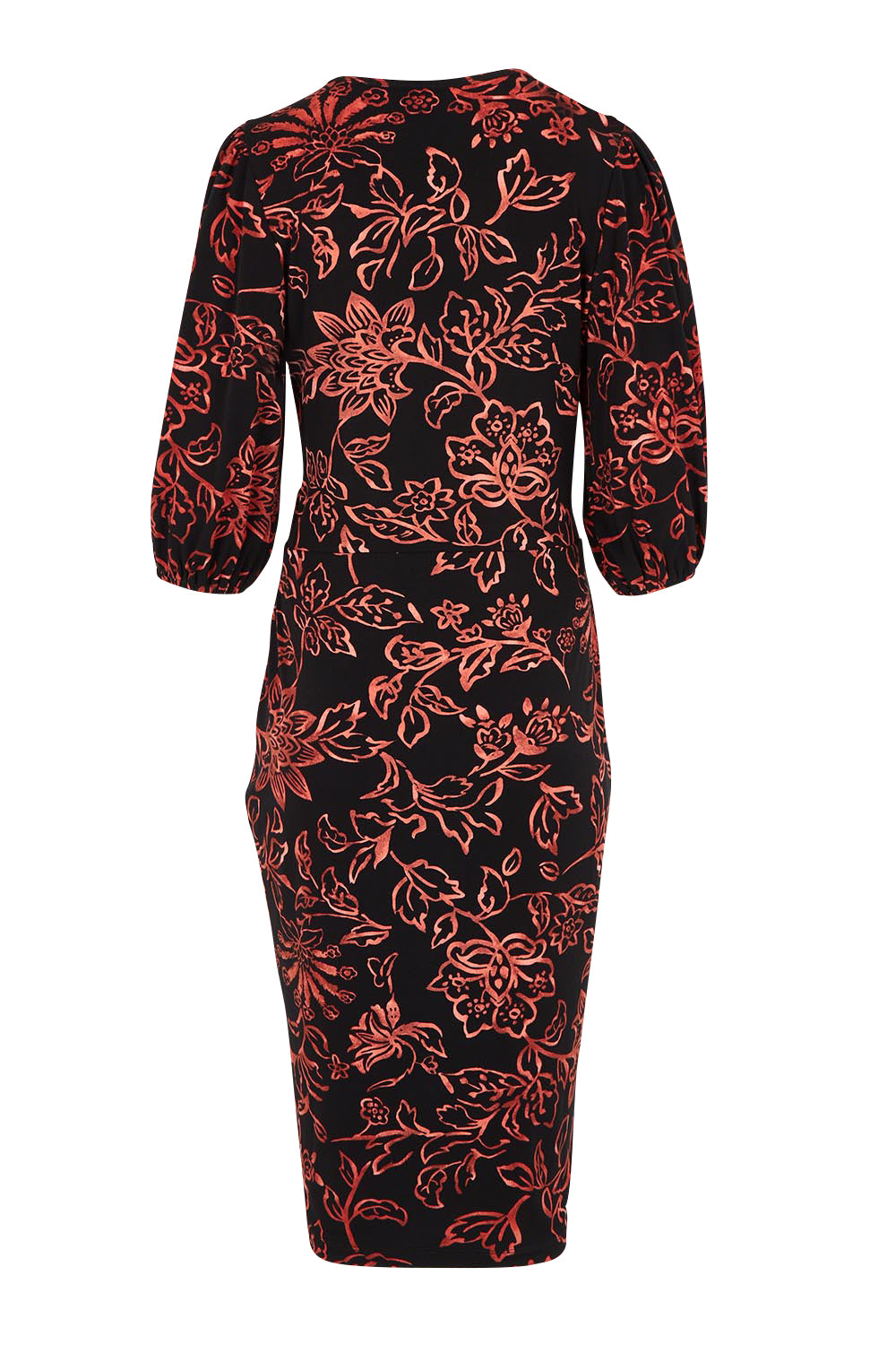 Product shot of The Printed Knot Waist Detail Dress in colour Emberfleur (Black), from the back