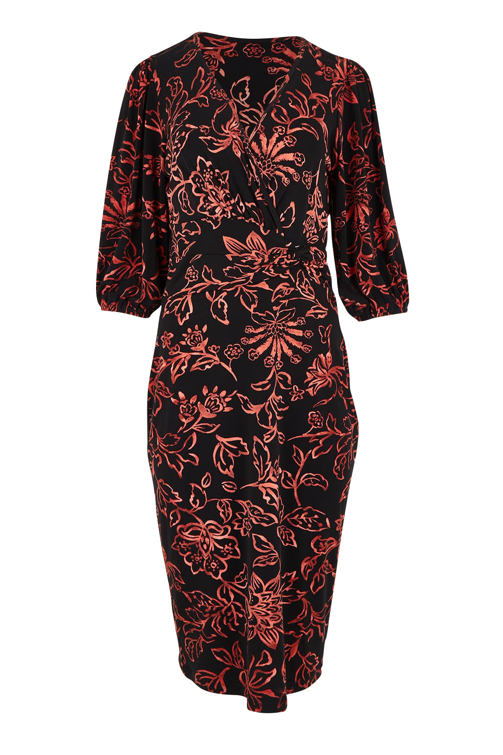 Product shot of The Printed Knot Waist Detail Dress in colour Emberfleur (Black), from the front