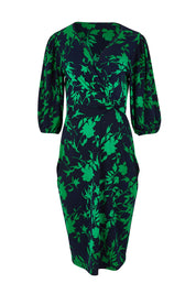 Product shot of The Printed Knot Waist Detail Dress in colour Greenfleur (Green), from the front