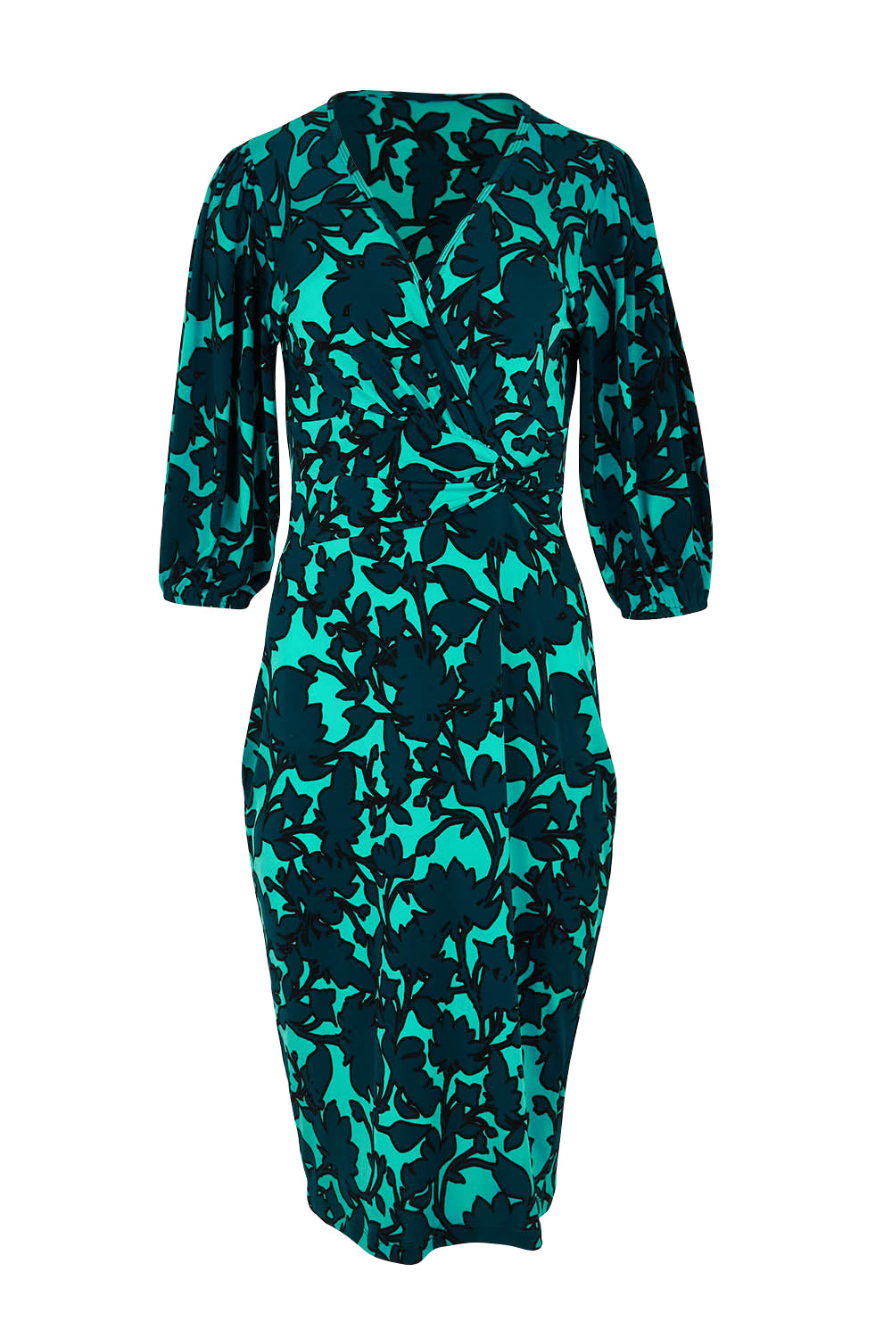Product shot of The Printed Knot Waist Detail Dress in colour Tealfleur (Green), from the front