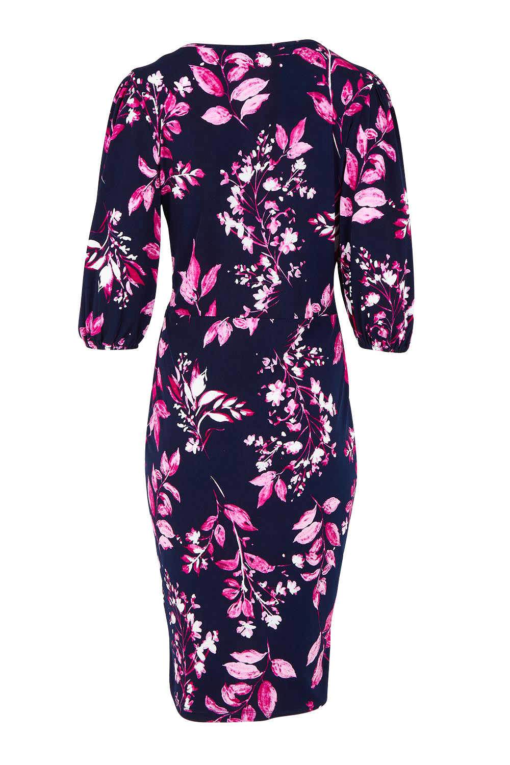 Product shot of The Printed Knot Waist Detail Dress in colour Nightpetal (Blue), from the back