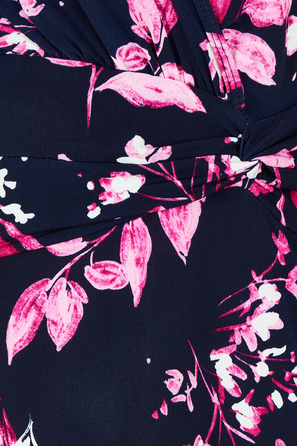 Product shot of The Printed Knot Waist Detail Dress in colour Nightpetal (Blue), detail